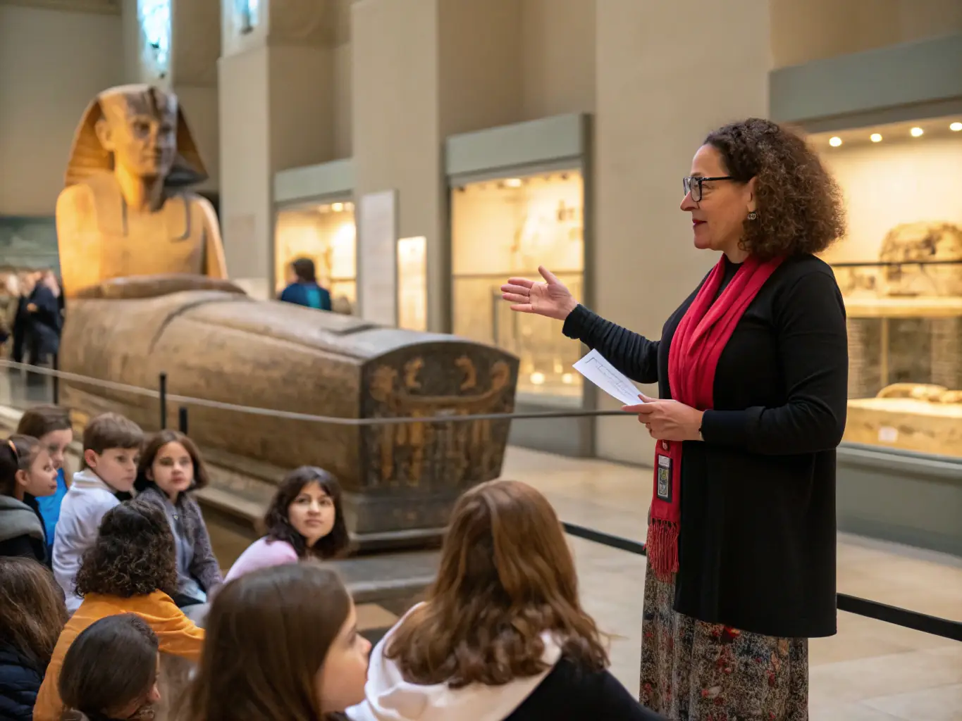 A photograph of a museum guide leading a tour group through the museum, explaining the historical significance of various exhibits.