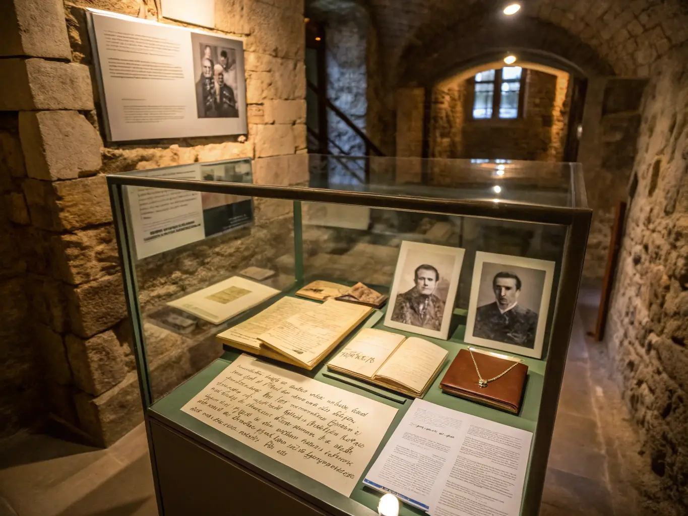 A photograph of an exhibition at the museum, showcasing artifacts, documents, and photographs from the French Resistance era.