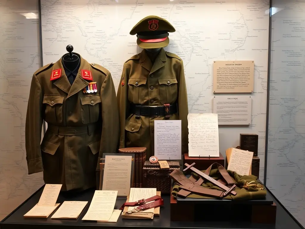 A close-up shot of a meticulously preserved Resistance fighter's uniform, complete with insignias and personal effects, displayed in a climate-controlled case.