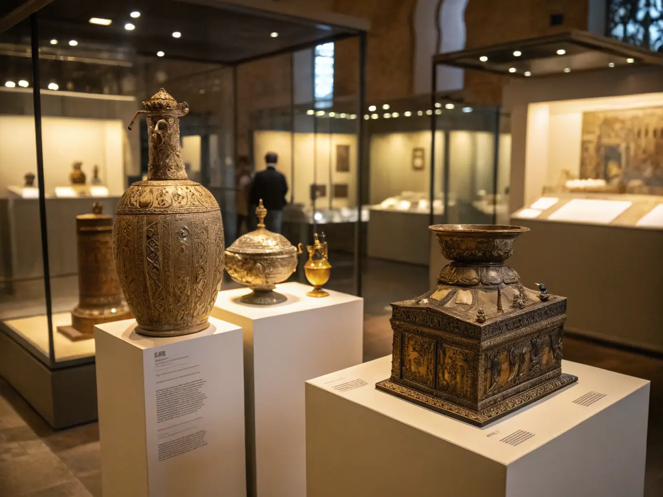 A vibrant display of Resistance-era artifacts and photographs in a well-lit exhibition hall, showcasing historical documents, weaponry, and personal items of resistance fighters.