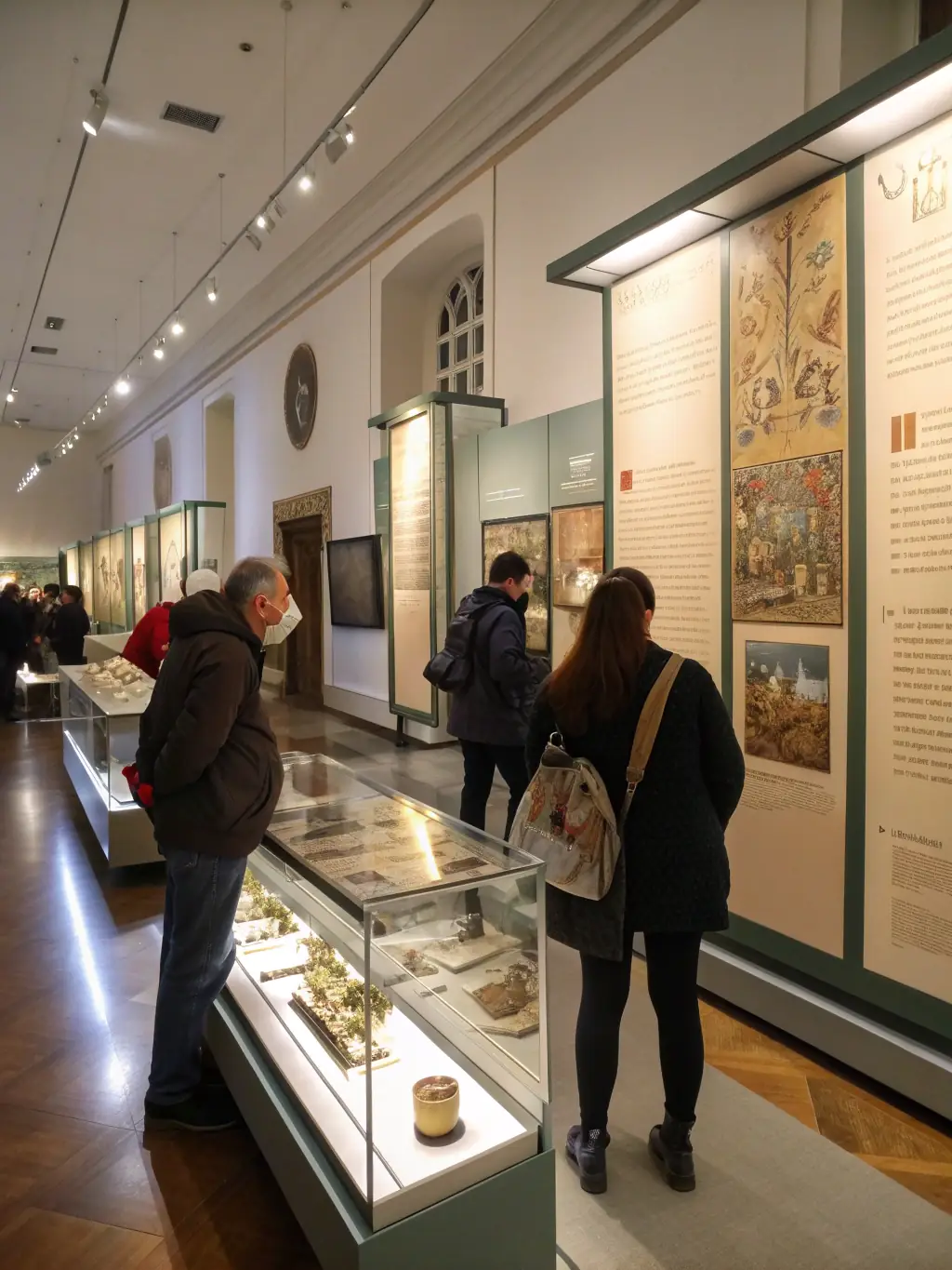 A photograph of a group of visitors attentively listening to a museum guide during a tour of the 'Resistance in Paris' exhibit, showcasing historical artifacts and documents.
