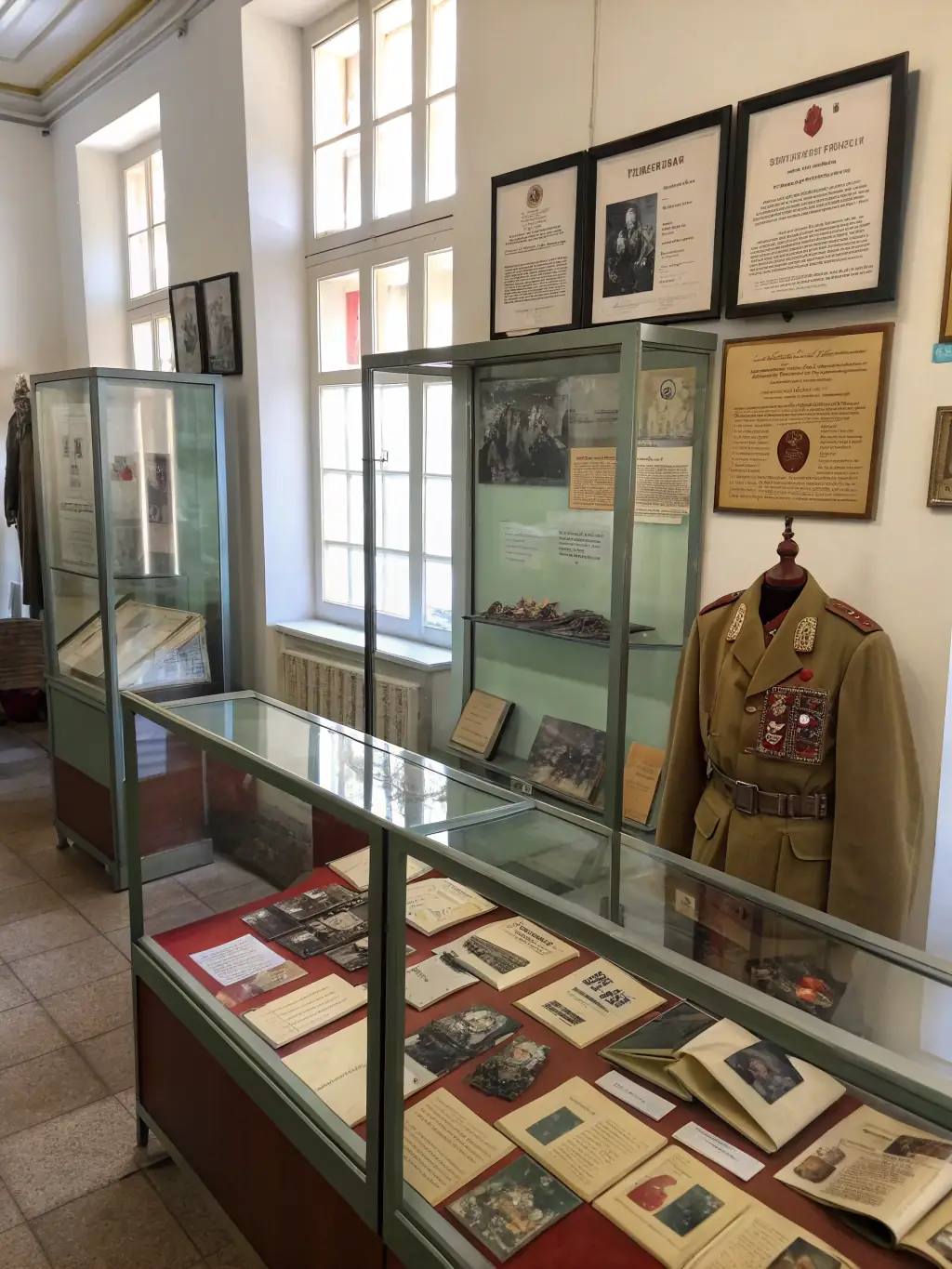 A high-quality photograph of original Resistance leaflets and pamphlets displayed in a glass case, showcasing the printed materials used to spread information and rally support during the French Resistance.