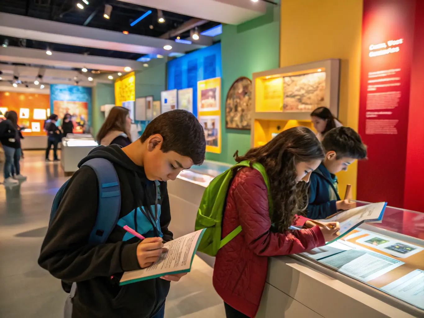 A group of students participating in a guided educational tour at the museum, engaging with interactive displays and learning about the values of liberty and citizenship.