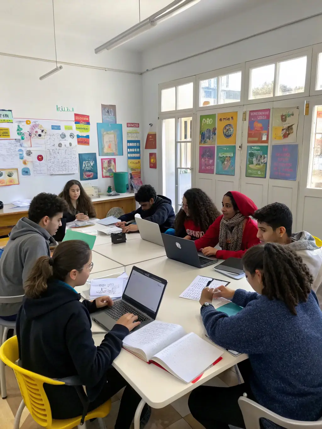 A classroom setting where students are engaged in a workshop, learning about the values of liberty and citizenship through interactive activities and discussions.